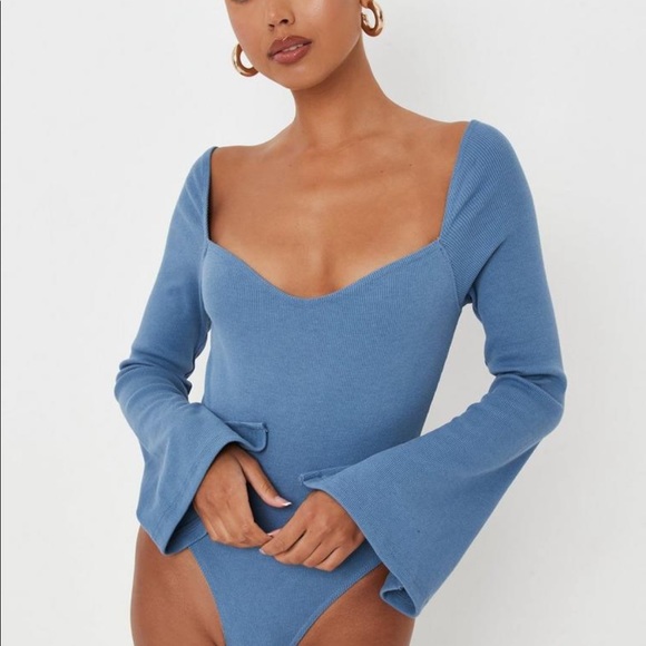 NEVER WORN Missguided Blue Rib High Leg Milkmaid Bodysuit - Picture 2 of 4